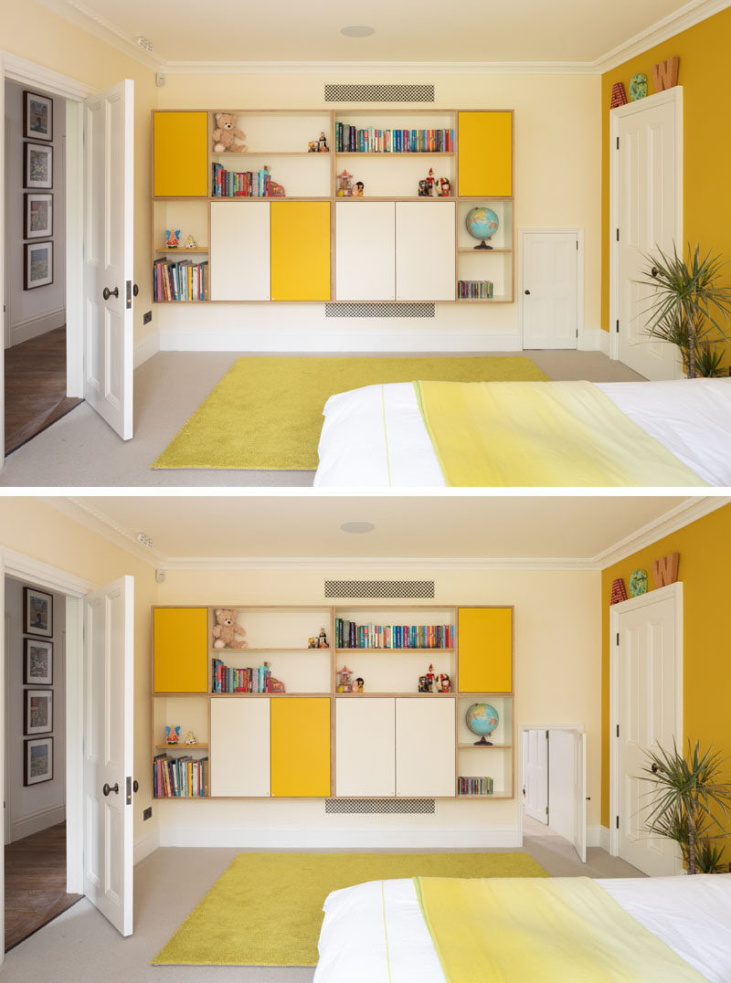 Kids Bedroom Ideas - Whimsy is created in this kids bedroom with bright yellow accents and an Alice in Wonderland door that connects to another bedroom. #KidsBedroom #YellowAccents #BedroomIdeas