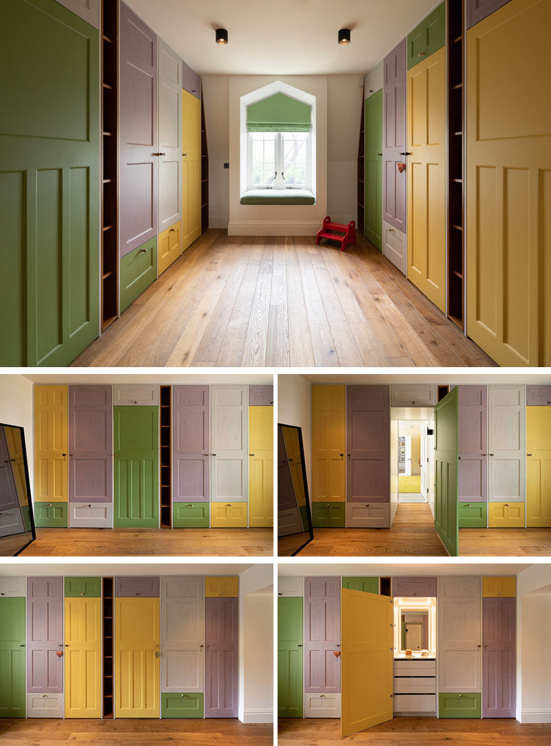 Interior Design Ideas - This children’s dressing room has a window seat and a multitude of distressed sprayed doors that have smoked ceramic handles. Two of these doors lead to two children's bedrooms, with the others opening to reveal dressing tables and wardrobes, all lit by accent recessed LED lighting. #DressingRoom #WindowSeat #Closets #SecretDoors