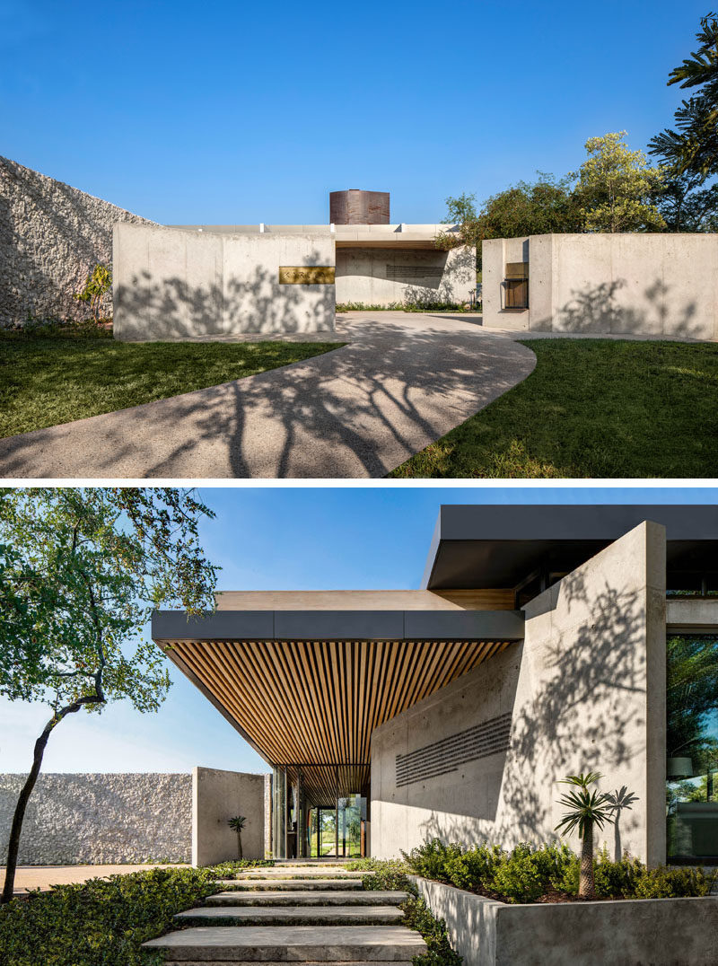 This South African game lodge combined wood, weathering steel stone, and glass for a modern appearance. #WeatheringSteel #StoneFacade #ModernArchitecture