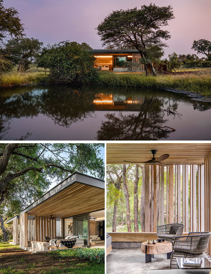 Glass walls open create a true feeling of being outdoors for these game lodge houses, while cantilevered roof structures provide shade on the sunny days. #GameLodge #CantileveredRoof