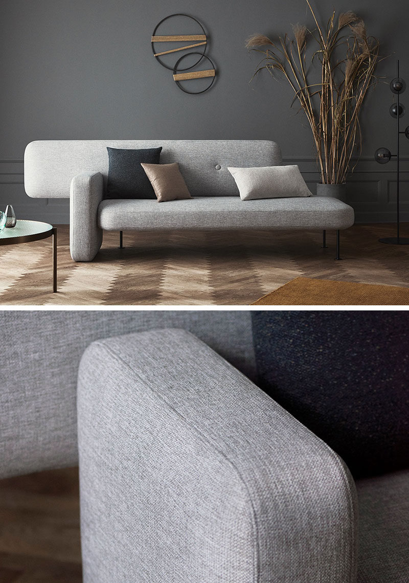 Spanish architect Santiago Bautista, has recently created Pebble, a modern couch with a built-in side table and an asymmetrical design. #ModernCouch #ModernFurniture #Seating