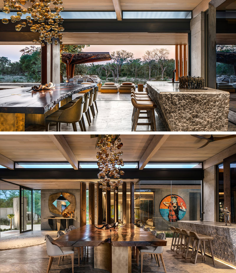 This large dining room has has sliding glass walls on both sides, that open to outdoor spaces, like a swimming pool and covered terrace. #DiningRoom #SlidingGlassWalls