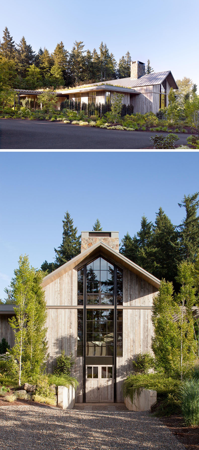 This house, which is reminiscent of a farm structure, is clad in reclaimed barnwood, and has a pitched roof with high windows at each end of the main volume, that flood the home with light. A green roof helps to create an emphasis on integrating the house into its natural surroundings. #Architecture #FarmhouseModern #GreenRoof #ModernHouse #Landscaping #Windows