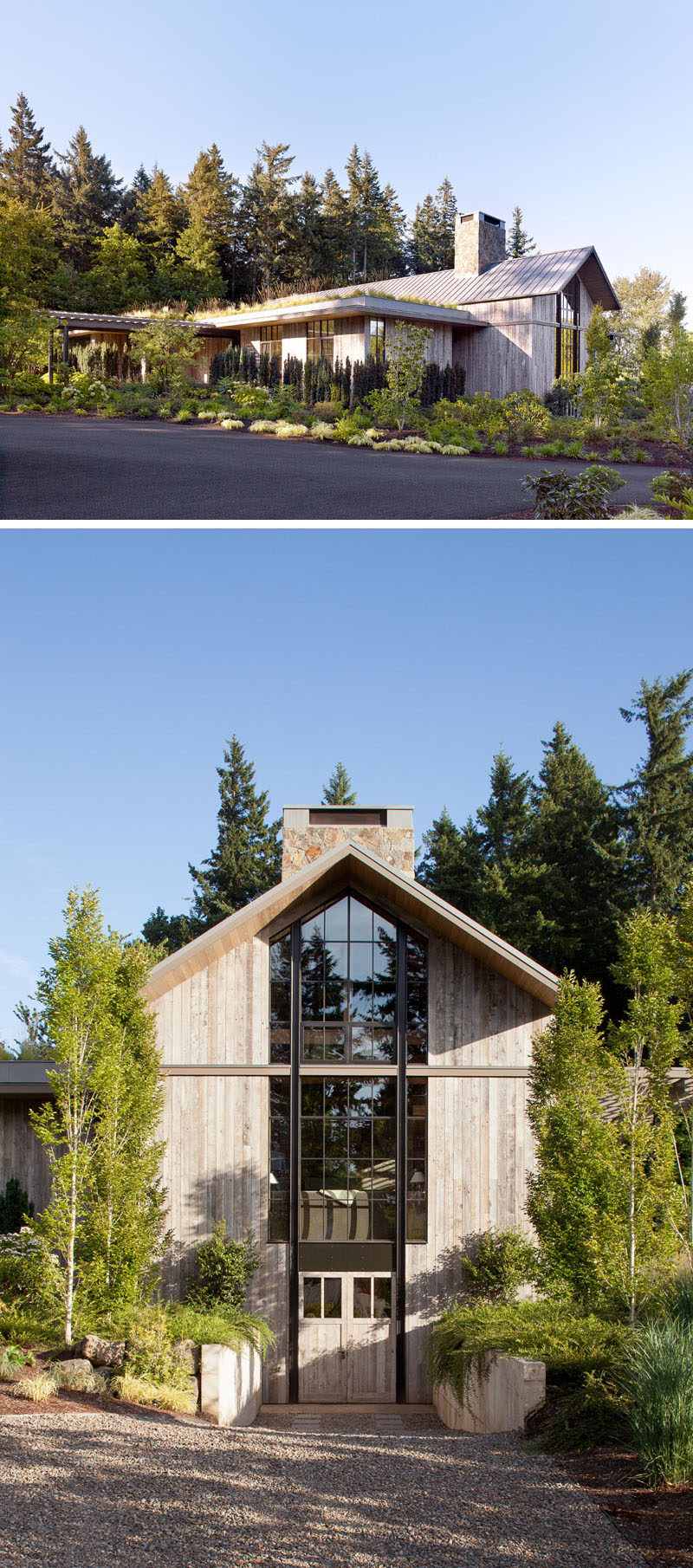 This house, which is reminiscent of a farm structure, is clad in reclaimed barnwood, and has a pitched roof with high windows at each end of the main volume, that flood the home with light. A green roof helps to create an emphasis on integrating the house into its natural surroundings.  #Architecture #FarmhouseModern #GreenRoof #ModernHouse #Landscaping #Windows