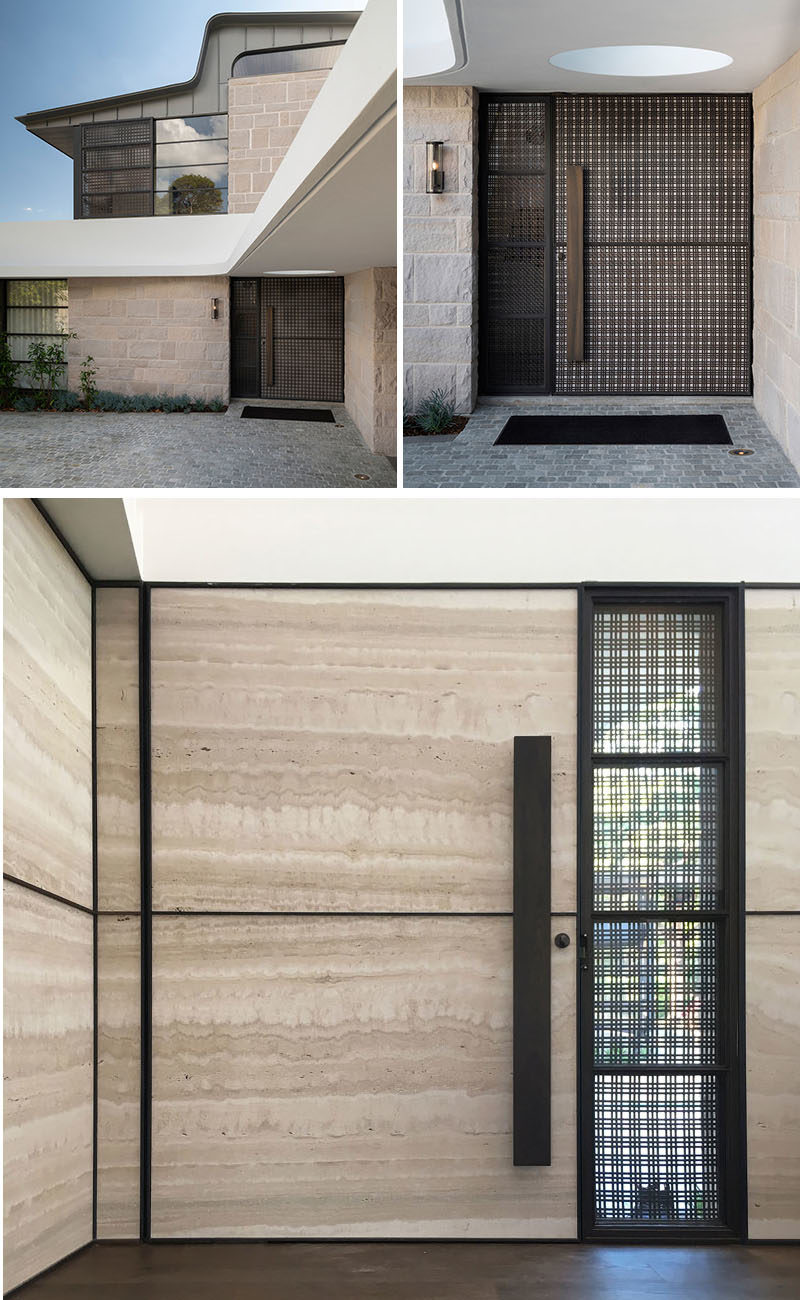 Front Door Ideas - This modern front door has a brass woven ribbon mesh exterior, and a travertine slab interior. #ModernFrontDoor #DoorIdeas #FrontDoor