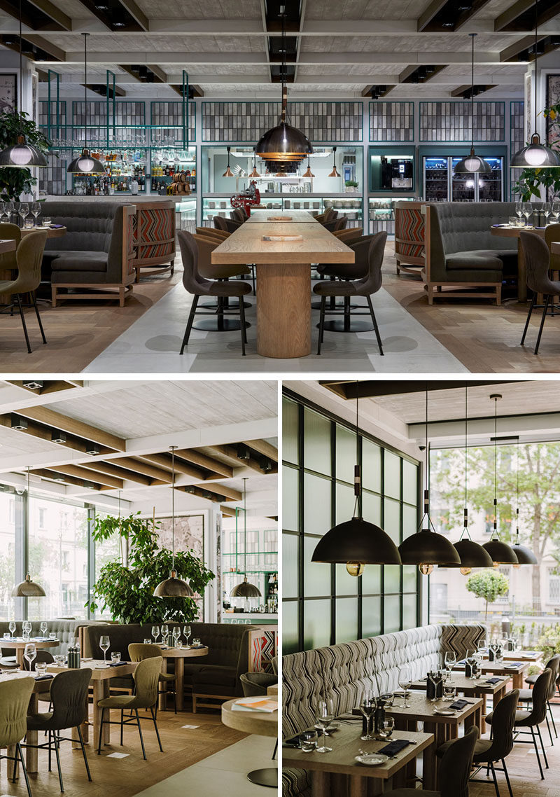 Restaurant Ideas - In this modern hotel restaurant, furnishings such as booths, banquette seating, and long communal wood tables, have been included to create a more rustic dining experience. #RestaurantIdeas #RestaurantDesign #InteriorDesign #Seating