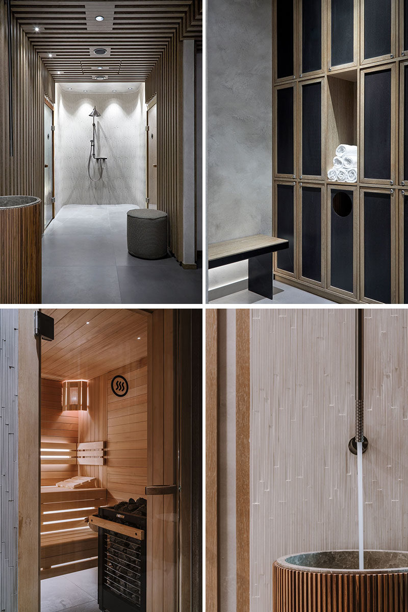 In this modern hotel spa, there's a Scandinavian influence in the design, that's apparent by the use of wood, cool greys, and minimal furnishings. #SpaIdeas #HotelSpa