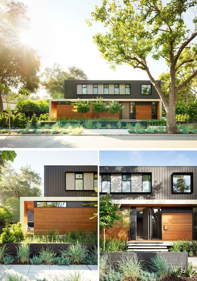 In the front yard of this modern house, multiple layers of low fencing together with plants of various heights, textures, and colors, have been added to the front facade, creating a buffer from the sidewalk. #ModernLandscaping #LandscapeDesign #LandscapeIdeas #CurbAppeal