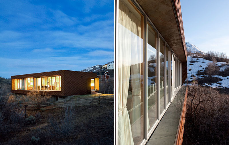 Window Ideas - This modern house covered in weathering steel siding, has a great room that opens to the canyon with a 30 foot operable wall, transforming the space into an outdoor room. #GlassWall #WindowIdeas #Architecture #Ideas #WeatheringSteelSiding