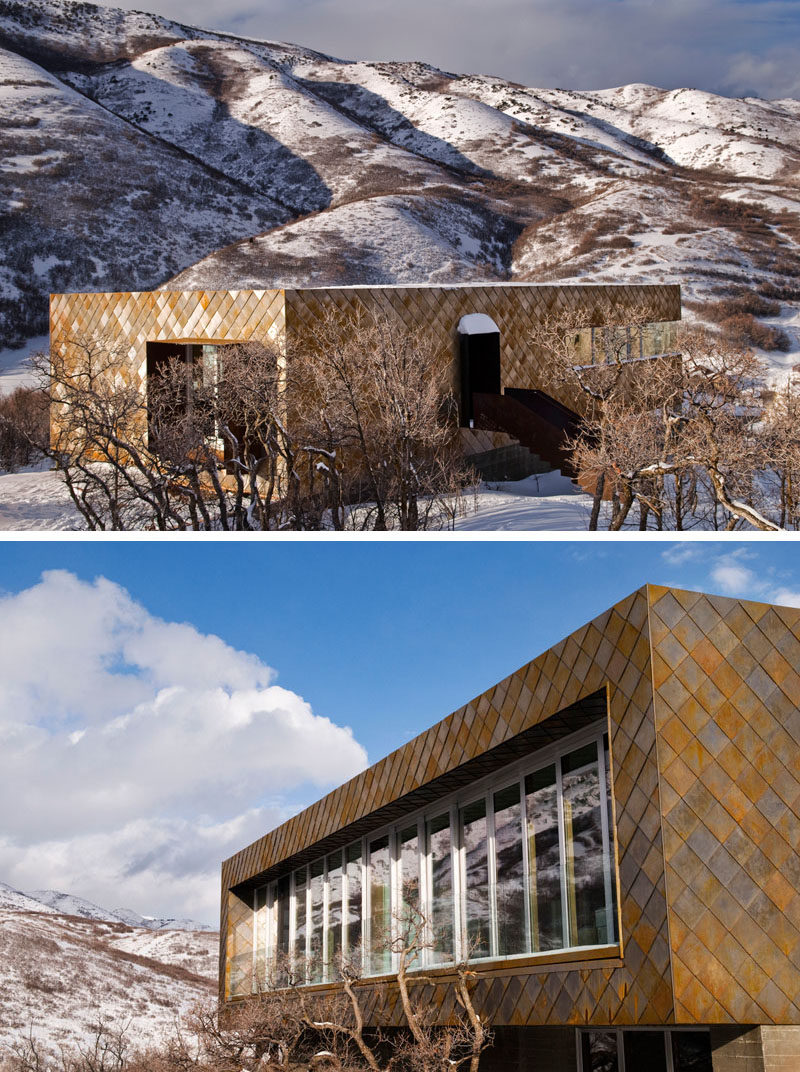 Siding Ideas - The warm colors of weathering steel cladding have been combined with board-formed wood textured concrete and glass for a contextual, low-maintenance and modern material palette for this house in Utah. #WeatheringSteelSiding #SidingIdeas #CortenSteel #Architecture