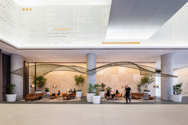 This modern and suspended sculpture in the lobby of an Australian building, was created to reference the traditional Indigenous fishing nets and the history of fishing in the nearby Yarra River. #Sculpture #Art #SuspendedSculpture #Design