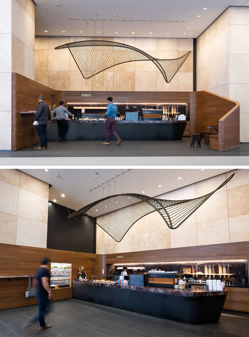 This modern and suspended sculpture in the lobby of an Australian building, was created to reference the traditional Indigenous fishing nets and the history of fishing in the nearby Yarra River. #Sculpture #Art #SuspendedSculpture #Design