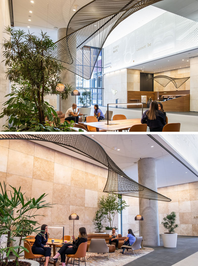 This modern and suspended sculpture in the lobby of an Australian building, was created to reference the traditional Indigenous fishing nets and the history of fishing in the nearby Yarra River. #Sculpture #Art #SuspendedSculpture #Design