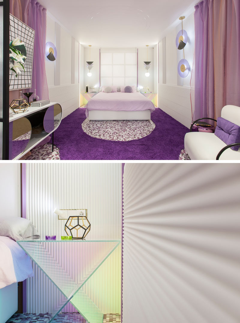 When designing this modern hotel suite, the color violet was chosen as it represents the mixture of masculine with feminine (red and blue), and sensuality with spirituality. #Violet #PurpleInterior #PurpleBedroom #PurpleBathroom