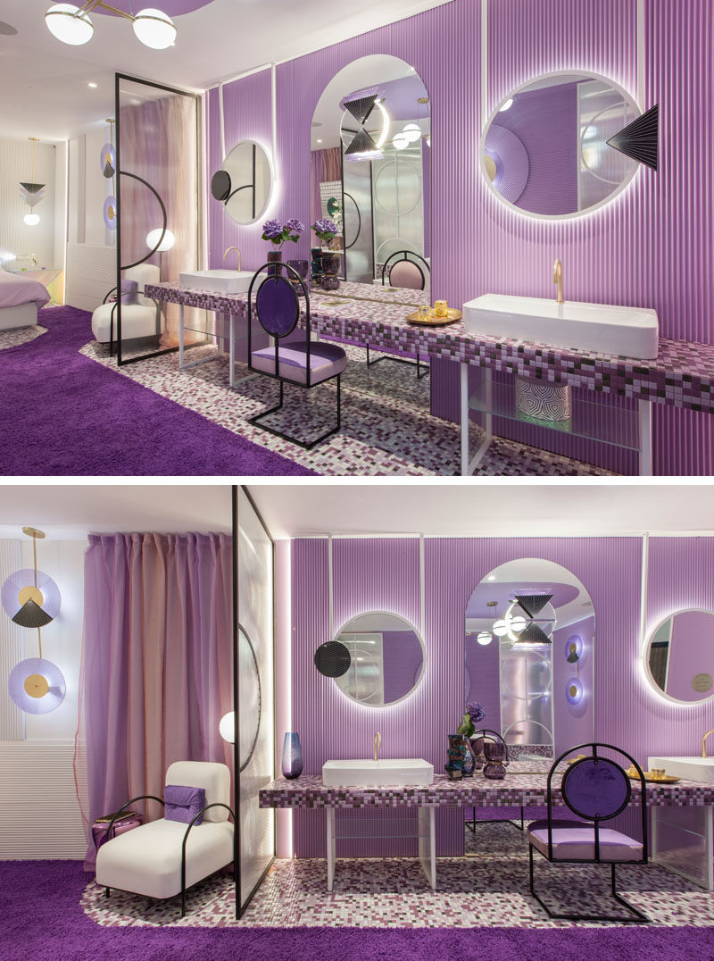 Room Divider Ideas - Delicate glass and metal lattices separate the bedroom from the bathroom in this modern hotel suite. #RoomDivider #Partition #Purple #PurpleInterior