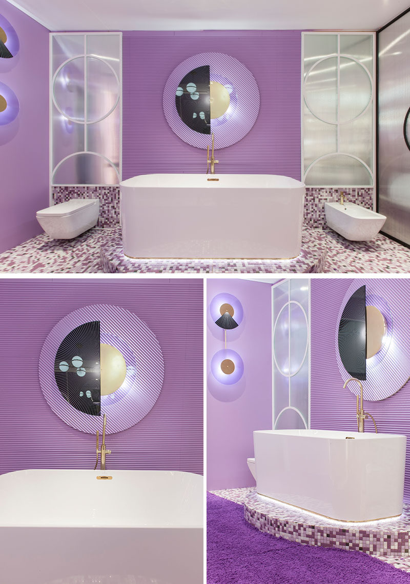 Bathroom Ideas - This modern purple bathroom has been entirely designed with pieces from the Finion series by Villeroy & Boch, while the brass taps are from Oioli. #PurpleBathroom #BathroomIdeas