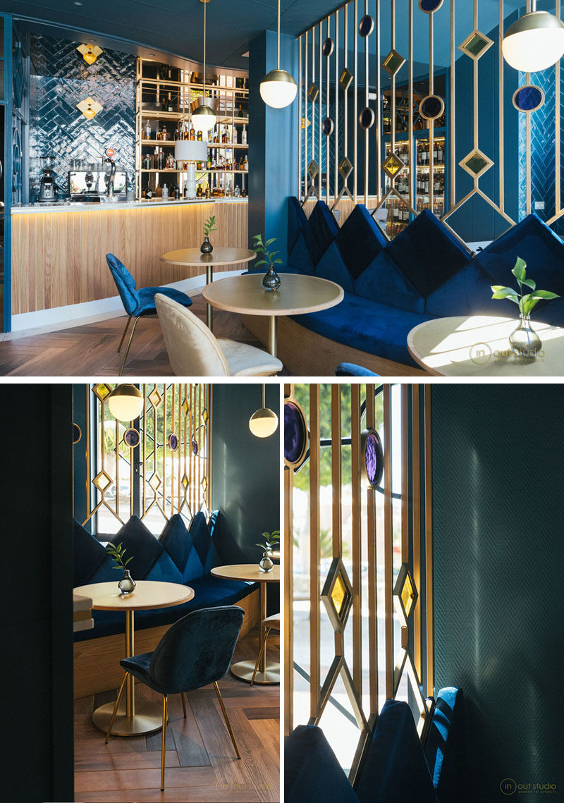 This room divider in a modern restaurant has been named 'jewel screens', as they are designed to highlight the colorful glass inlays in diamond and circle shapes. #RoomDivider #Screen #RestaurantDesign