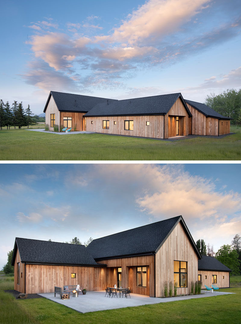 House Siding Ideas - Architecture firm CTA | Cushing Terrell, together with Tate Interiors, has recently completed a modern, rural house in Whitefish, Montana, that's nestled on 4.5 acres of land, features cedar siding, and is designed to take advantage of the surrounding views. #CedarSiding #ModernArchitecture #BlackRoof #WoodSiding