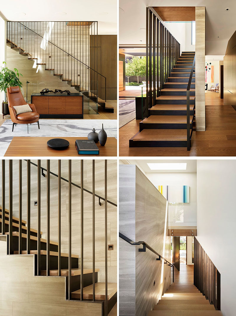 A three-story staircase connects the various levels of this modern house, and showcases a muted material palette, consisting of soft tan Haisa marble, European white oak, and blackened steel. #ModernStairs #Staircase #SteelStairs