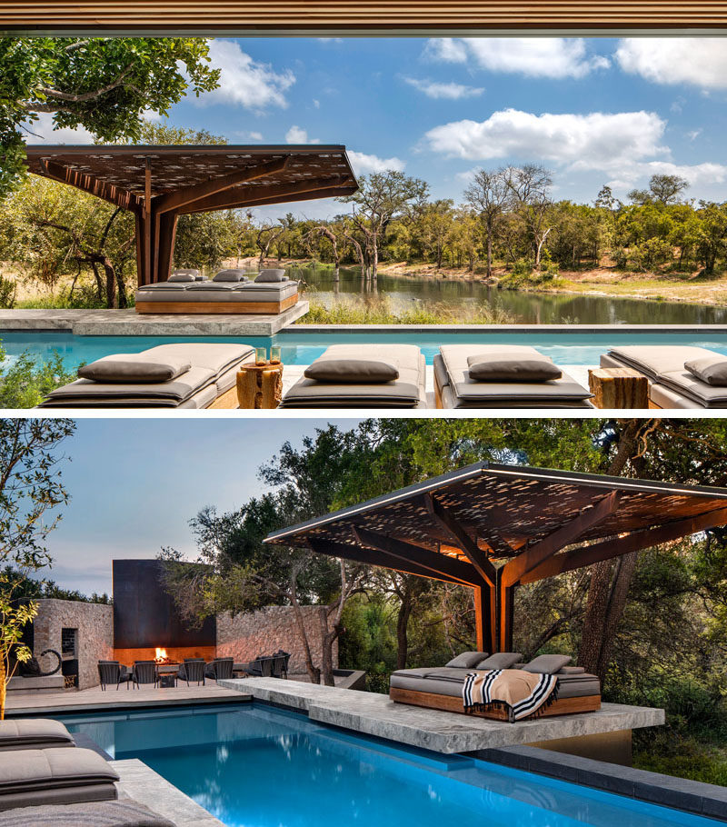 Swimming Pool Ideas - This pool has a sculptural canopy that provides shade for daybeds. There's also a place to gather that has an outdoor fireplace. #SwimmingPool #Pool #OutdoorFireplace