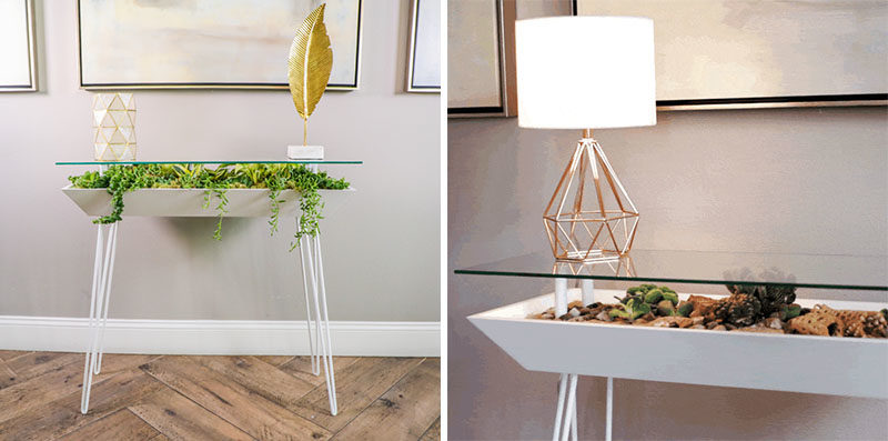 Decor Ideas - The BloomingTable has been designed with a built-in planter to allow users to easily grow plants in their home, while also maximizing their space. It laos has a glass table top to showcase small decorative items and the plants below. #TableDesign #Planter #Succulents #Cacti #IndoorPlanter #SucculentPlanter #CactiPlanter