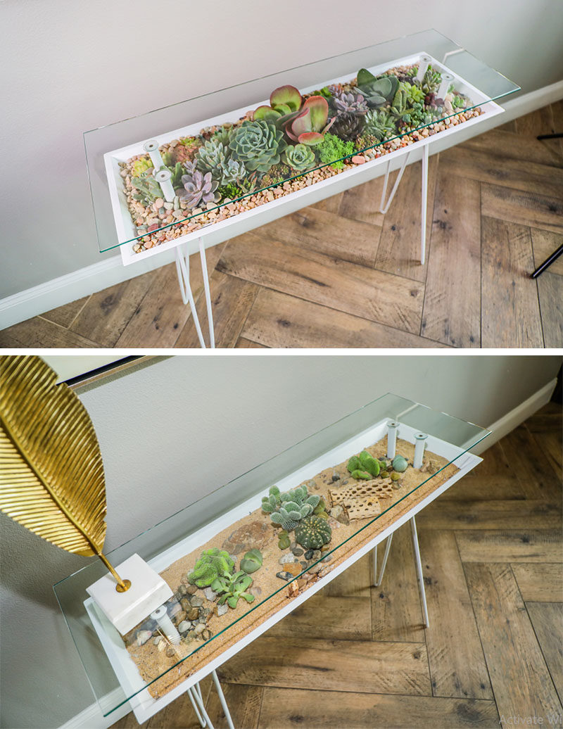 Decor Ideas - The BloomingTable has been designed with a built-in planter to allow users to easily grow plants in their home, while also maximizing their space. It laos has a glass table top to showcase small decorative items and the plants below. #TableDesign #Planter #Succulents #Cacti #IndoorPlanter