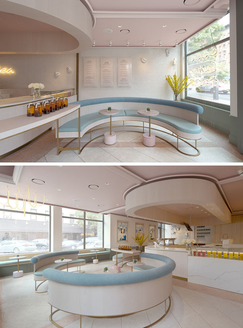 Curved seating in this modern tea store, creates places for friends to gather and enjoy signature items like Strawberry Cloudtea, Brown Sugar Milk Peach Jelly, and other various drinks and light meals. #TeaStore #Tea #ModernRetail #ModernCafe