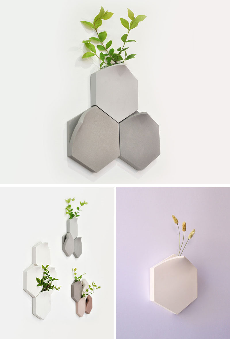 Decor Ideas - The Teumsae wall-mounted vases were inspired by plants growing through the tiny gaps between pavements and stones. #HomeDecorIdeas #DecorIdeas #WallMountedVase #Vases #WallDecorIdeas