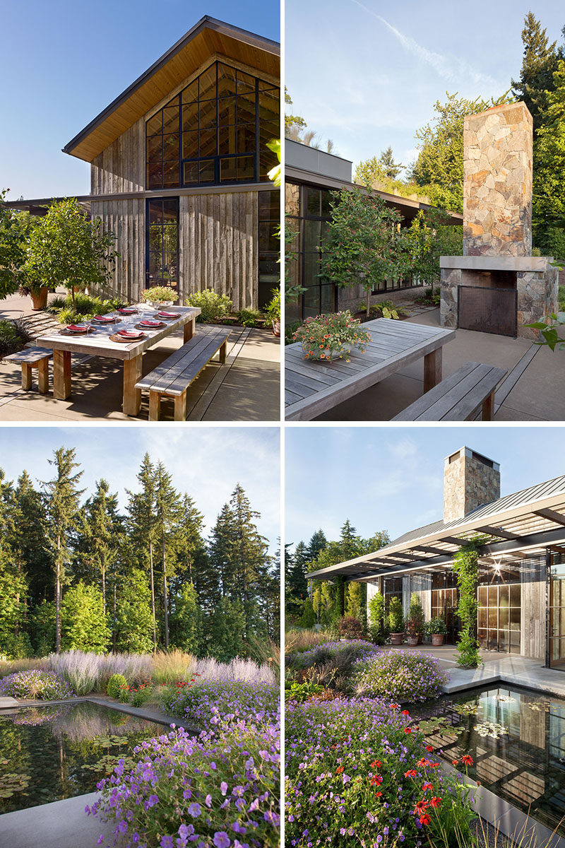 Landscaping Ideas - Easily accessible outdoor living spaces with outdoor dining, a fireplace, and water features, offer plentiful spaces for family gatherings. #OutdoorDining #LandscapingIdeas #GardenIdeas #OutdoorFireplace #WaterFeature #Pond