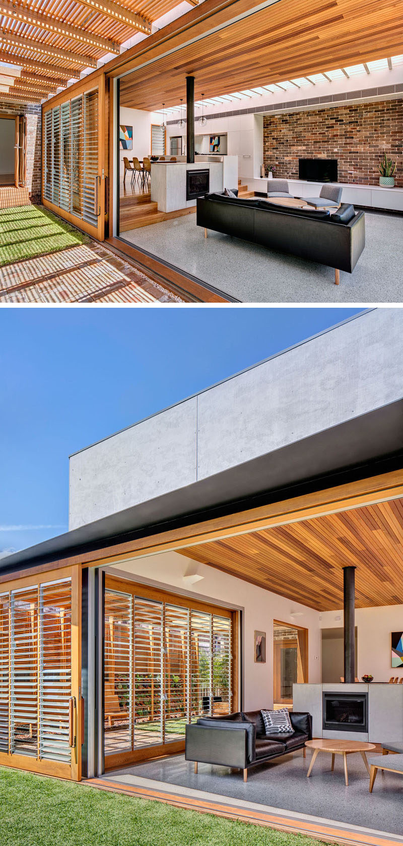 An oversized sliding door connect s an outdoor room and the living room, helping to completely close off the living room during winter, while still allowing light to filter in, or be left open in warmer weather. #SlidingDoor #LivingRoom #OutdoorSpace