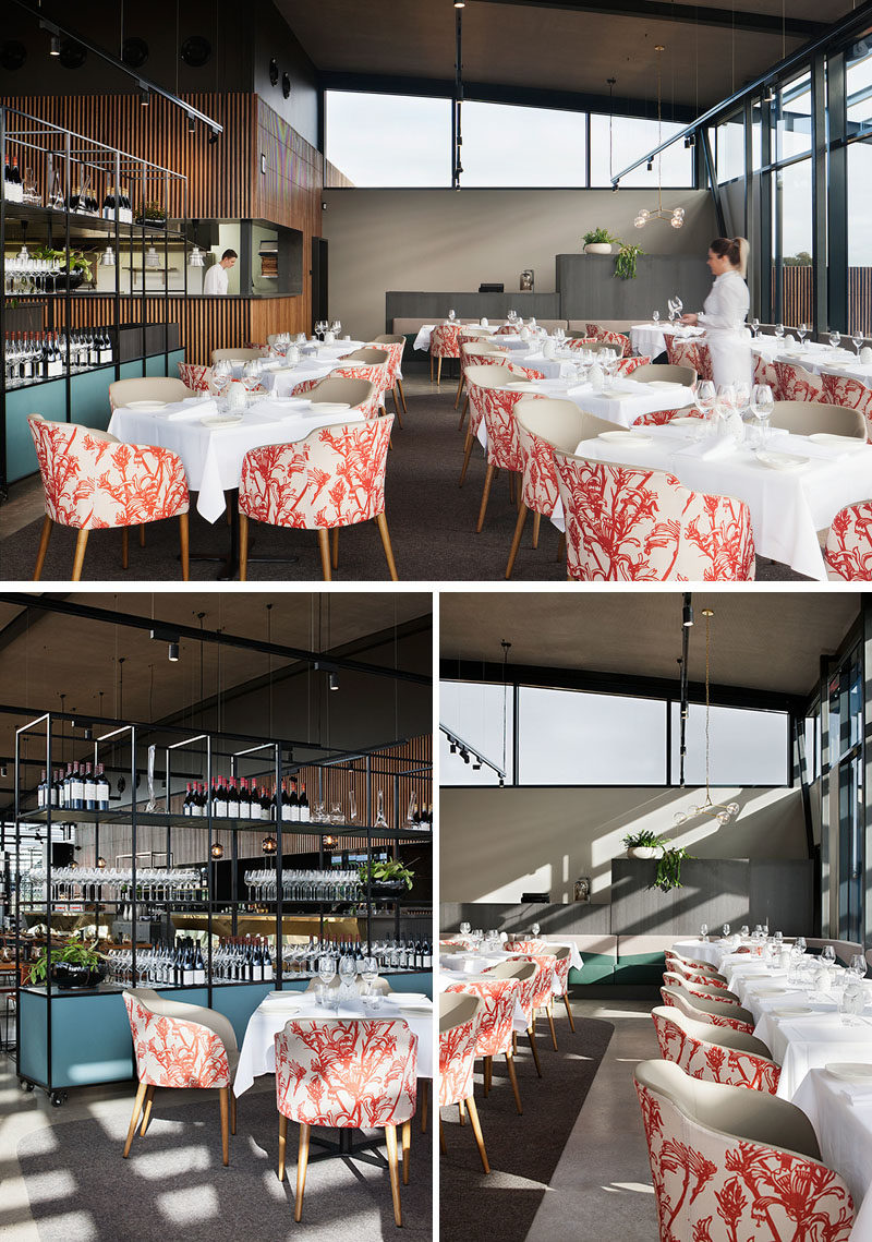 Restaurant Ideas - Upholstered chairs feature botanical motifs in red, adding a pop of color to the dining room. #RestaurantIdeas #RestaurantDesign #RestaurantSeating