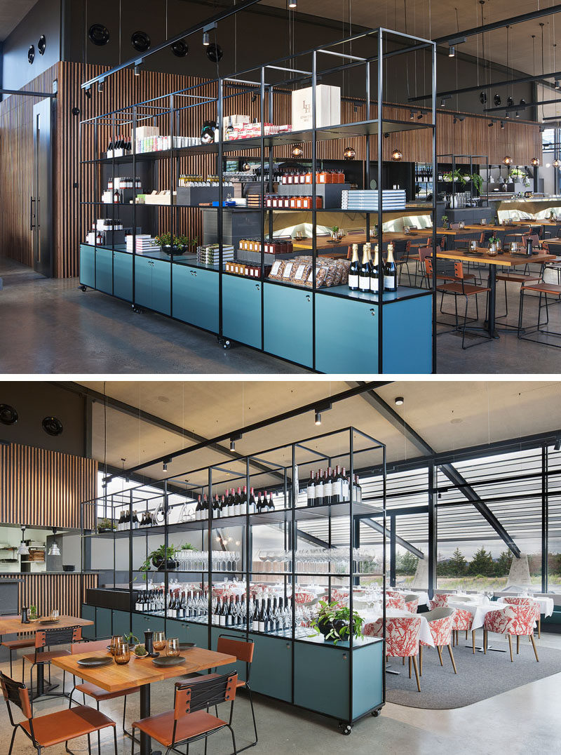 Shelving Ideas - In this modern restaurant, modular shelving on castor wheels enables the space to cater to larger functions. The shelving units also provide display space for merchandise and working zones for waiters. #ShelvingIdeas #RestaurantIdeas #ModularShelving #MoveableShelves #Shelving