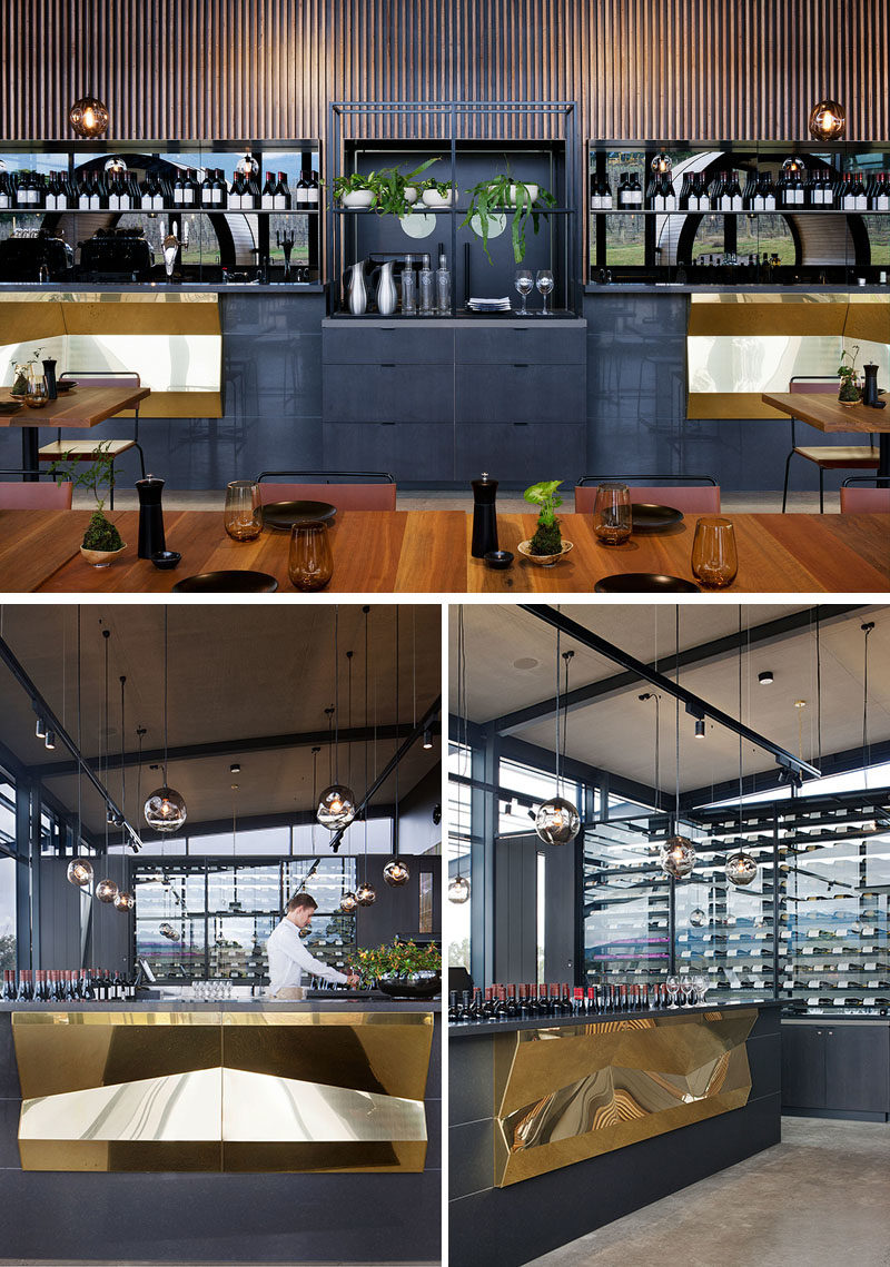 Bar Ideas - These modern winery tasting bars feature a repetitive tectonic form of shifting brass panels to reflect the undulating landscape. #BarIdeas #HospitalityDesign #RestaurantDesign