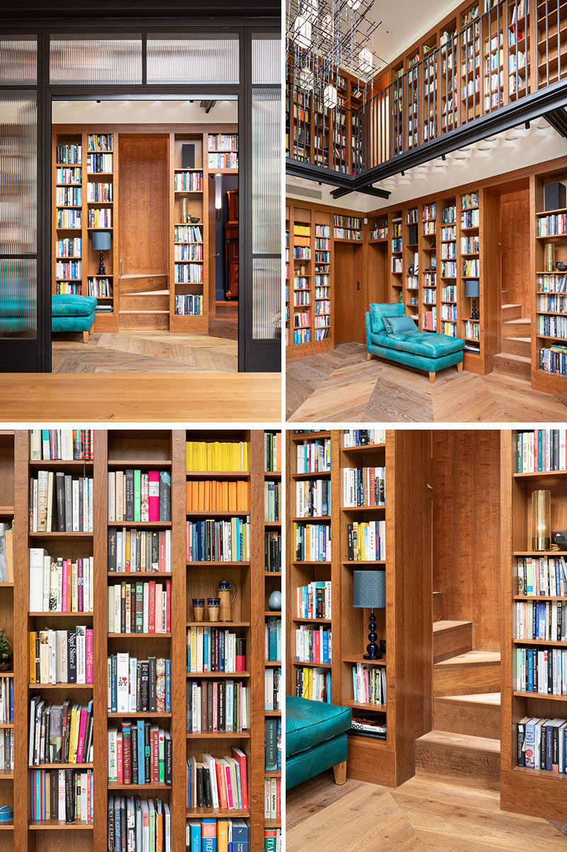 Home Library Ideas - This home features an impressive two-story gallery space to display the client’s extensive book collection. Brown Oak was used throughout for the bookshelves and was chosen to complement the timber floor, and for its luxurious warmth and caramel tones. #HomeLibrary #ShelvingIdeas #Bookshelves