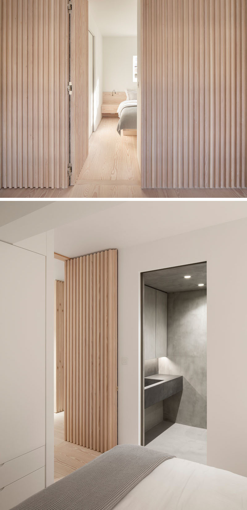 Interior Design Ideas - The wood slat wall in this modern apartment incorporates secret doors, and all storage and service requirements for the apartment, including kitchen appliances and hanging cupboards, resulting in a highly efficient plan. #InteriorDesignIdeas #WoodSlatWall #HiddenAppliances #HiddenFridge #IntegratedFridge #HiddenStorage #SecretDoors #HiddenDoors