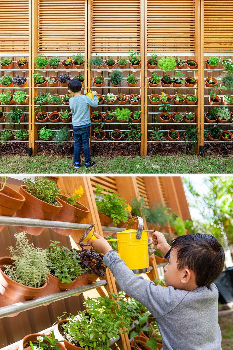 Garden Ideas - This modern garden wall showcases an expansive herb garden, with each plant in individual pots, making it easy to care for them. #HerbGarden #GardenIdeas #LandscapeIdeas