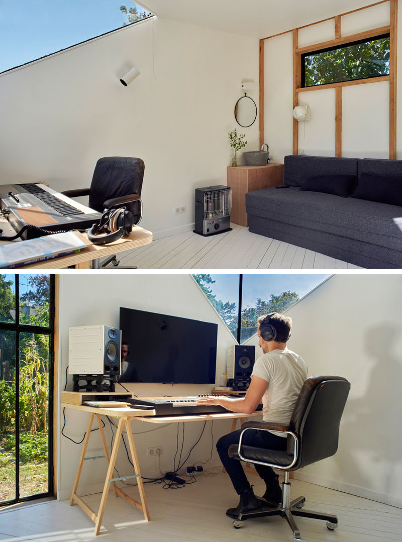 With a target of using 100% ecological materials, this modern backyard studio uses glass panels and steel that were taken from the remains of a destroyed factory, while the wood was chosen from among the scraps of the nearest sawmill. #BackyardStudio #HomeOffice #BackyardOffice #windows #Architecture