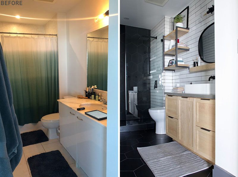 Bathroom Renovation Ideas - This master bathroom renovation included white subway tiles, large format matte black hexagon tiles, custom-designed shelves, and a wood vanity with a concrete countertop. #BathroomRenovation #BathroomMakeover #BathroomDesign #ModernBathroom