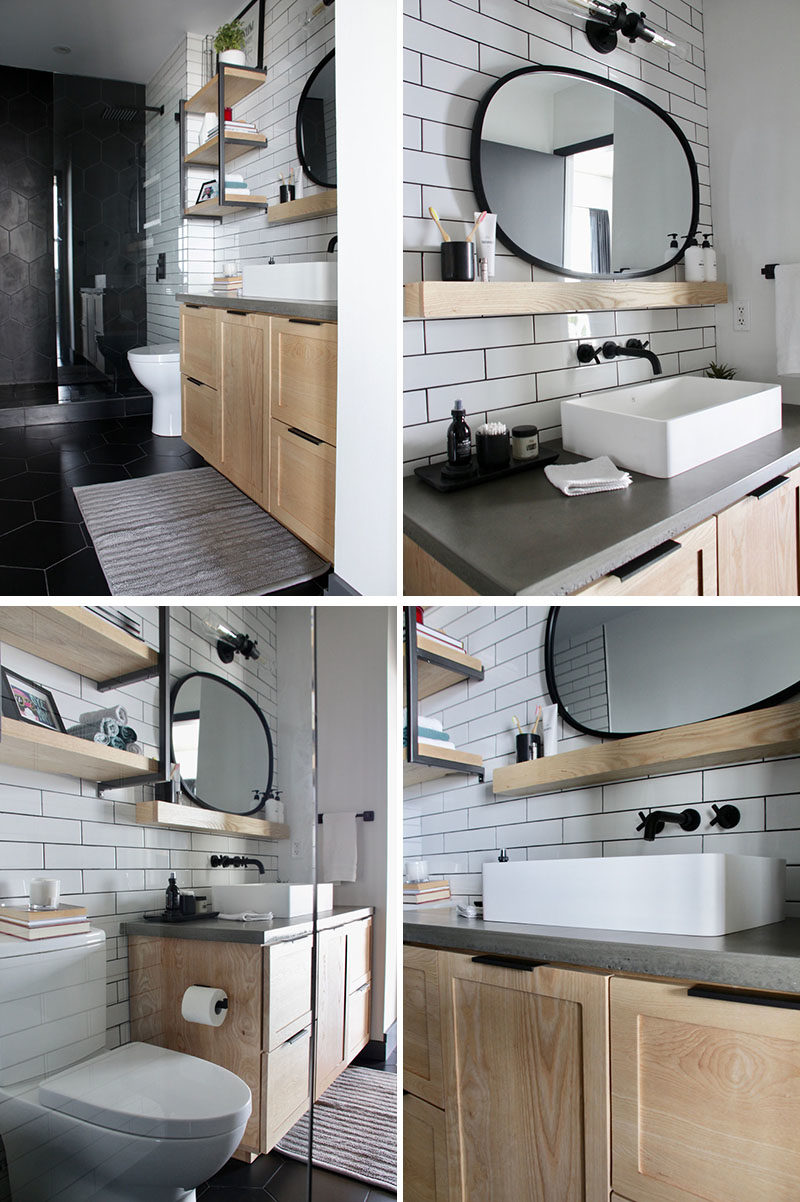 Bathroom Renovation Ideas - This master bathroom renovation included white subway tiles, large format matte black hexagon tiles, custom-designed shelves, and a wood vanity with a concrete countertop. #BathroomRenovation #BathroomMakeover #BathroomDesign #ModernBathroom