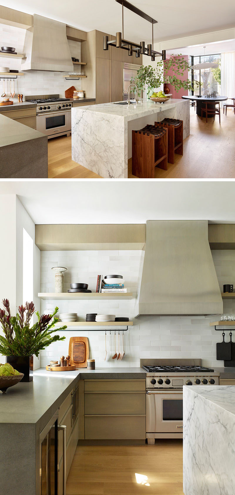 Kitchen Ideas - In this contemporary kitchen, thick honed basalt has been used for the back counters, and handmade tiles from Heath Ceramics are showcased on the backsplash. Above the stone island is a custom architectural chandelier from the Thomas Hayes Gallery. #KitchenDesign #KitchenIdeas