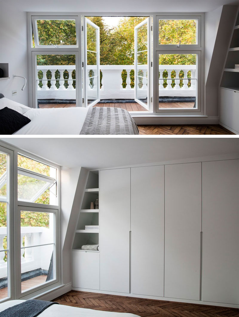 Bedroom Ideas - In this updated master bedroom, doors open to the private balcony, while custom designed shelving and closets fit into the wall perfectly. #MasterBedroom #BedroomDesign #BedroomIdeas