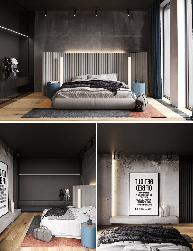 Bedroom Ideas - In this modern bedroom, the concrete walls were left bare, while hidden lighting behind the headboard adds a soft glow to the room. #BedroomIdeas #ModernBedroom #BacklitHeadboard