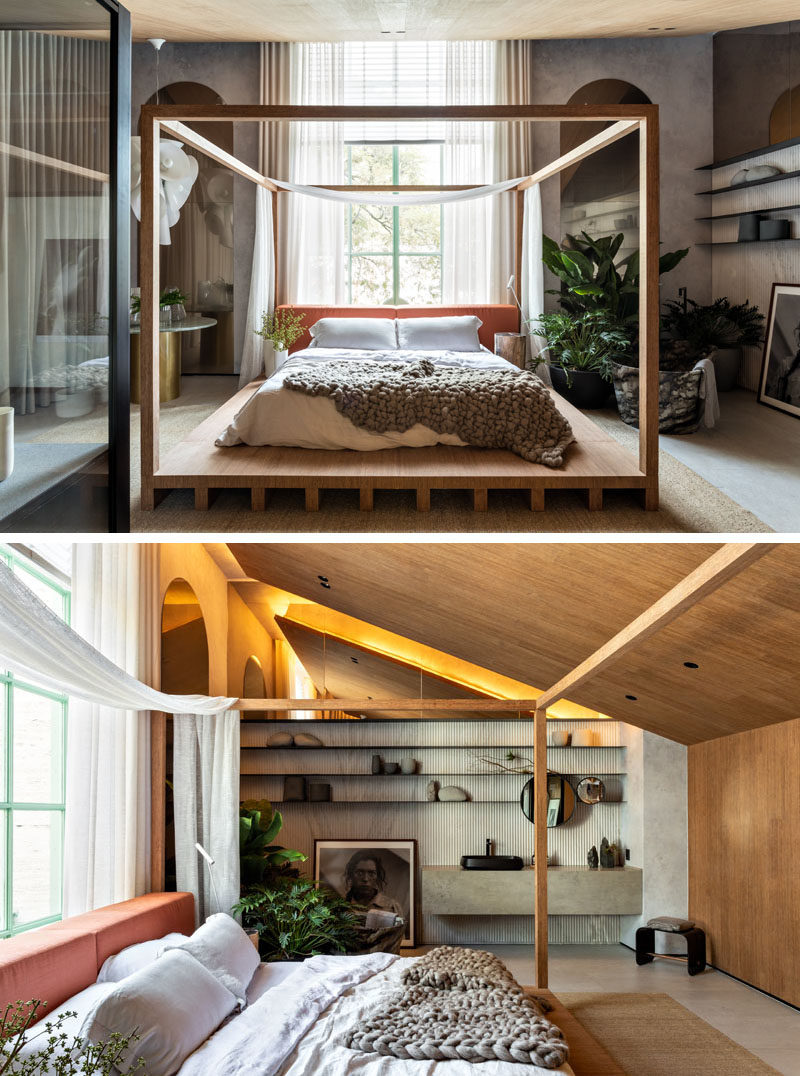 Bedroom Ideas - In this modern bedroom, a minimalist four-poster bed frame raises up the bed on a platform. #BedroomIdeas #ModernBedFrame #BedroomDesign