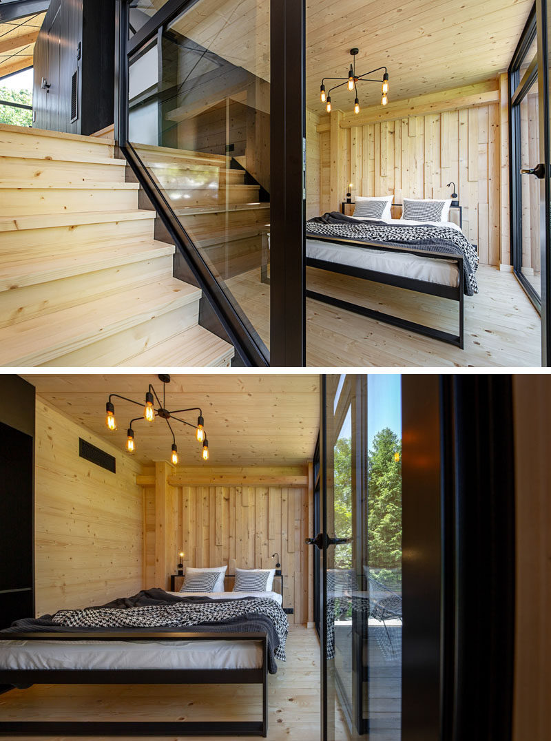 Bedroom Ideas - In this modern bedroom, glass walls help to keep the room bright, while wood adds a natural touch to the interior. #BedroomIdeas #GlassWalls #Windows