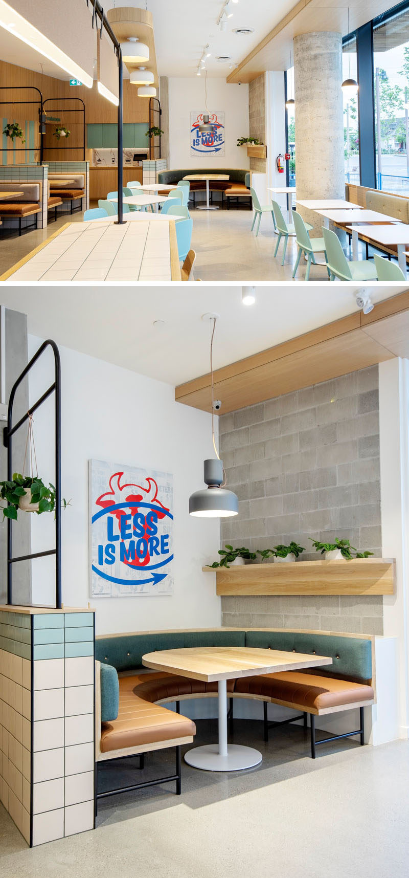 Restaurant Design - This modern fast-casual restaurant includes natural and handmade finishes such as white oak, woven wool upholstery and hand-made glazed tiles. #ModernRestaurant #RestaurantIdeas #RestaurantDesign