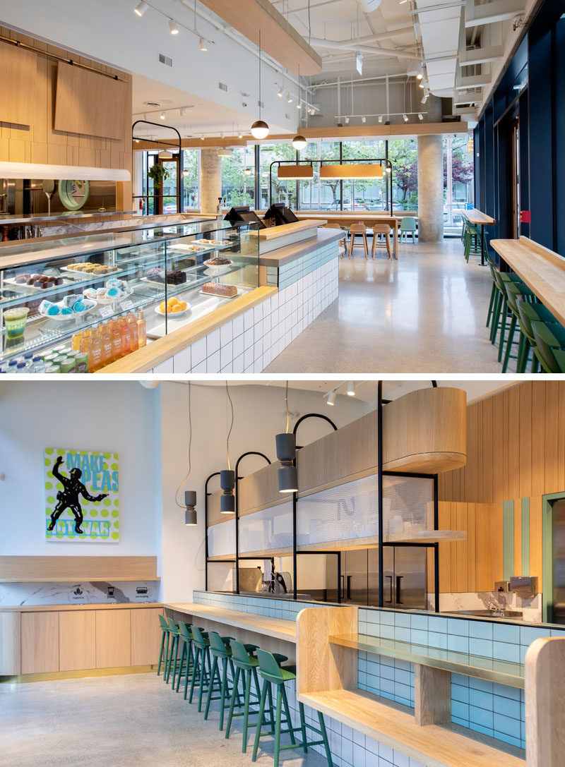 Restaurant Ideas - To reflect the coastal and mountainside setting of this modern fast-casual restaurant, tones of marine blue and forest green were incorporated across the space, from the millwork and tile finishes through to the upholstery and loose furniture. #RestaurantIdeas #RestaurantDesign #ModernRestaurant