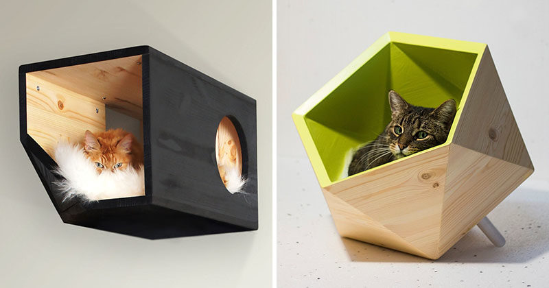 Ilshat Garipov of Catissa has designed a collection of modern cat beds and modular cat houses, that are made from pine wood and finished with sheepskin or faux fur. #ModernCatBed #ModernCatFurniture #ModernPetBed