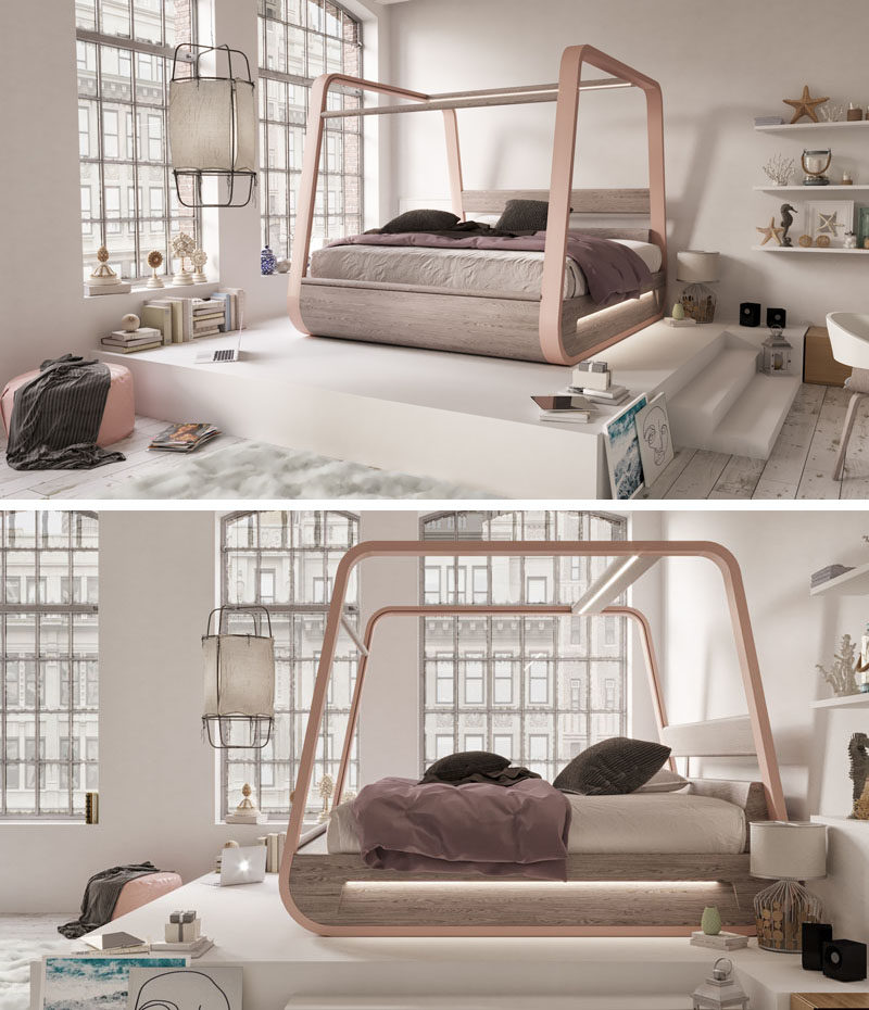 The modern four-poster bed, which has its own app, can be connected to multiple devices to allow the user to operate the 4k projector, the 70-inch screen, as well as the invisible speakers that are built into the frame. #ModernBed #SmartBed #BedWithTV #Furniture #ModernFurniture