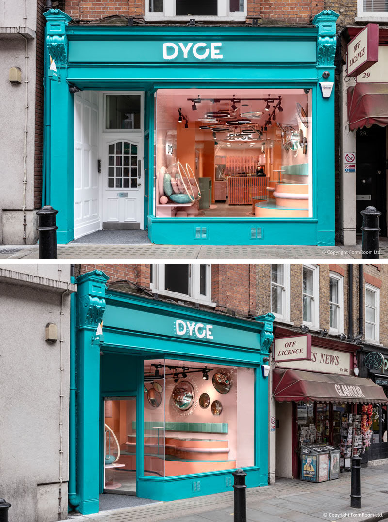 This modern and bright turquoise facade draws attention on the street, enticing customers inside. #StoreFront #StoreFacade #ShopFront #ShopFacade