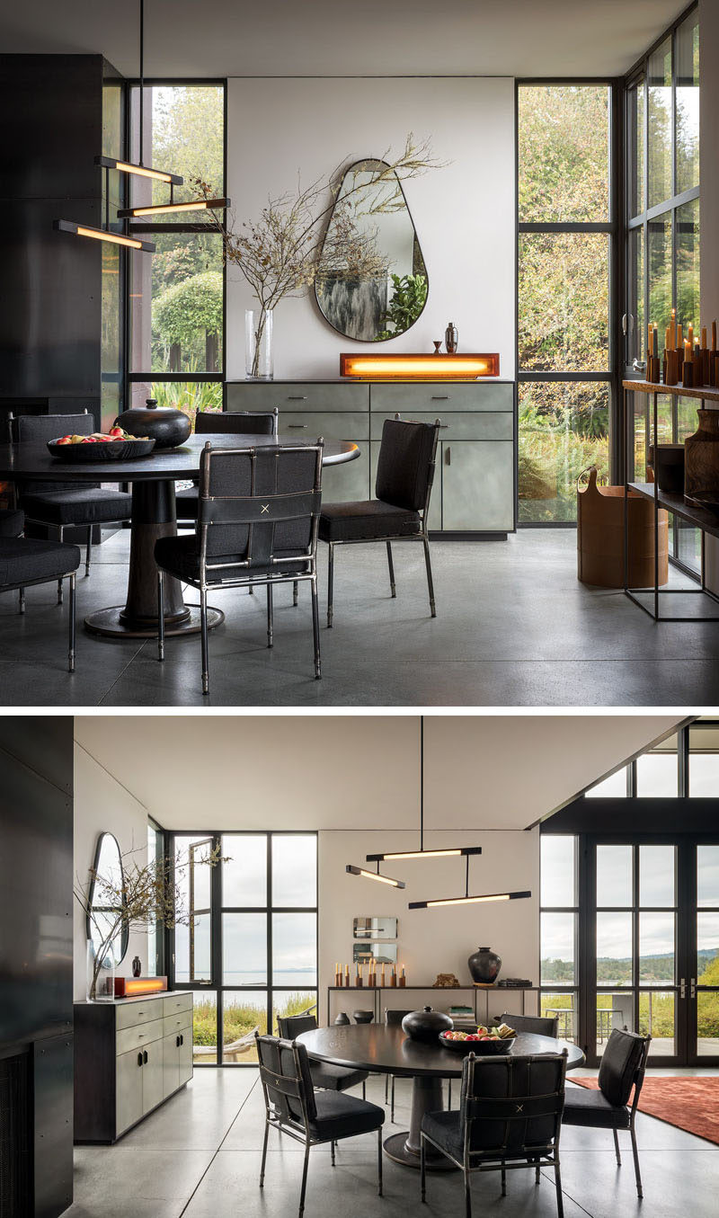 Dining Room Ideas - In the dining room, a Wintercheck Factory Light sits atop a credenza by Wüd Furniture. Iron and saddle leather Casamidy chairs surround the Nolan Dining Table by Troscan Design, while the lighting fixture is Mary Wallis’s Melbourne 3-Tier Pendant in matte black. #DiningRoom #DiningRoomIdeas